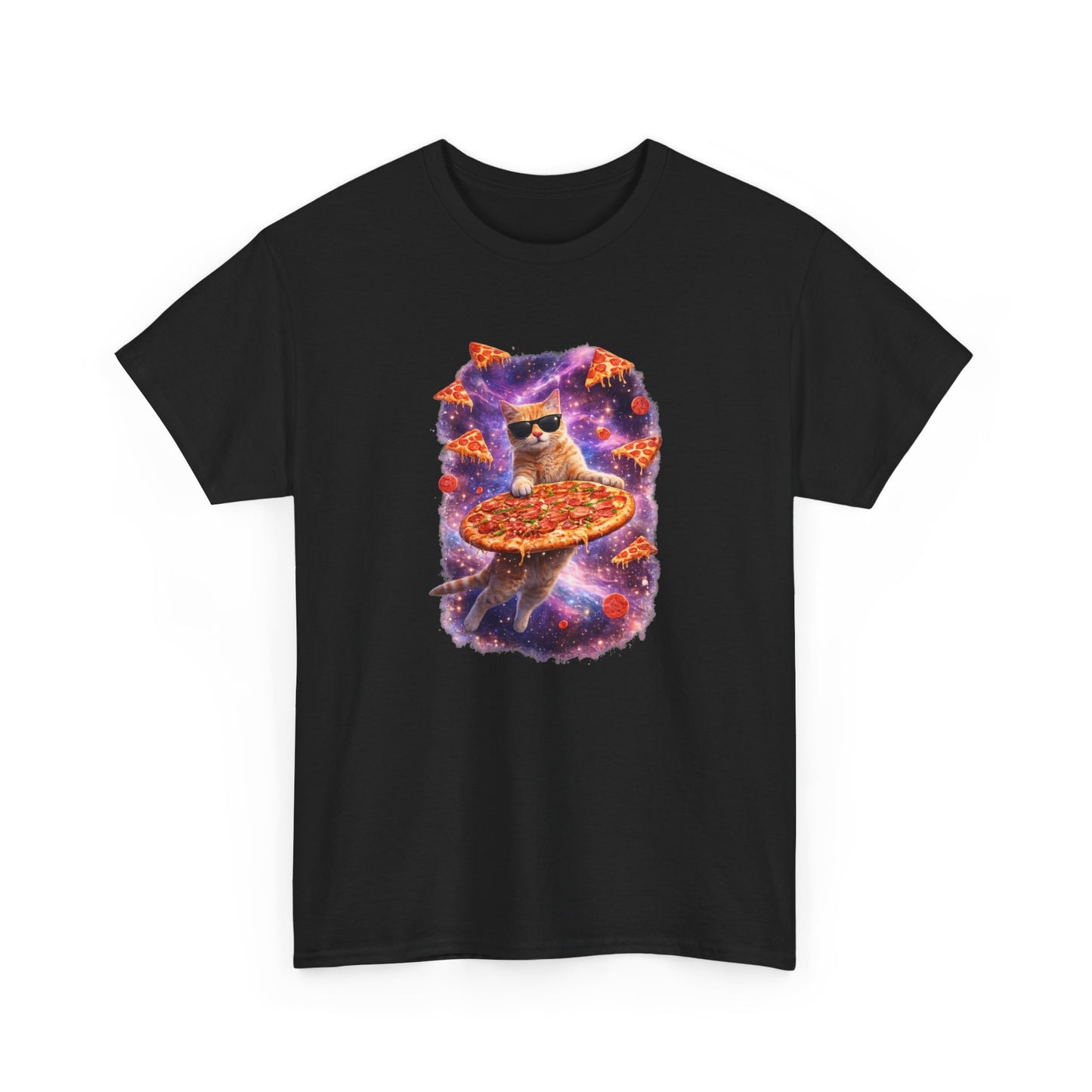 Tee Shirt Chat Pizza Galaxie – Chat drôle lunettes soleil espace – Cadeau humour Blanc Gris Noir