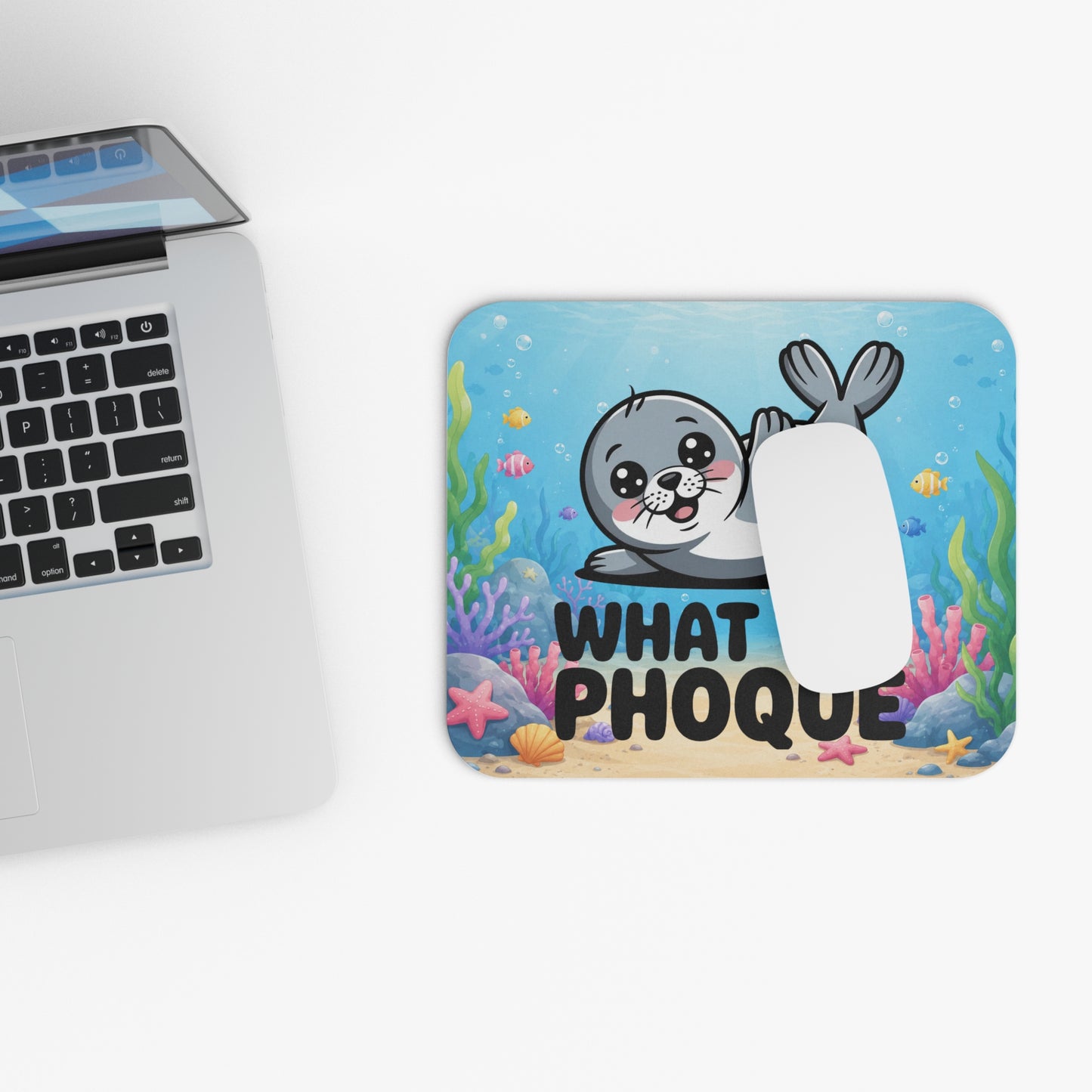 Tapis de Souris 22x18cm What the Phoque Phoque Drôle Kawaii Humour Animal Marin Océan Bureau Gaming Cadeau Original