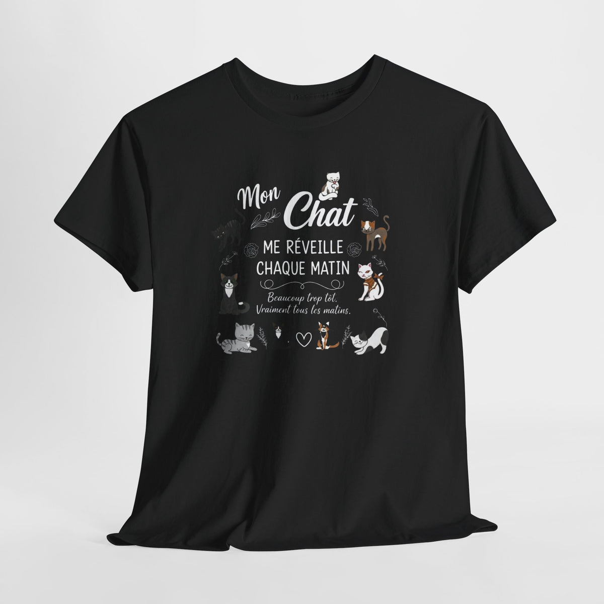 Tee Shirt Chat Homme Femme – Humour Réveil Matin et Fatigue – Idée Cadeau Amoureux des Chats Propriétaire de Félin