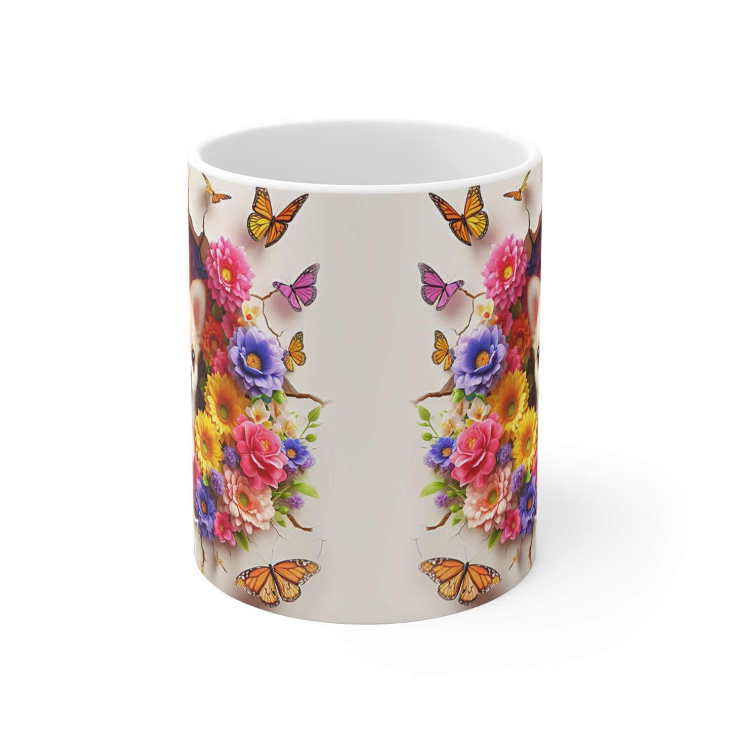 Tasse Céramique Chihuahua et Fleurs – Mug Chien Mignon Papillons – Cadeau Animaux Bohème 325ml