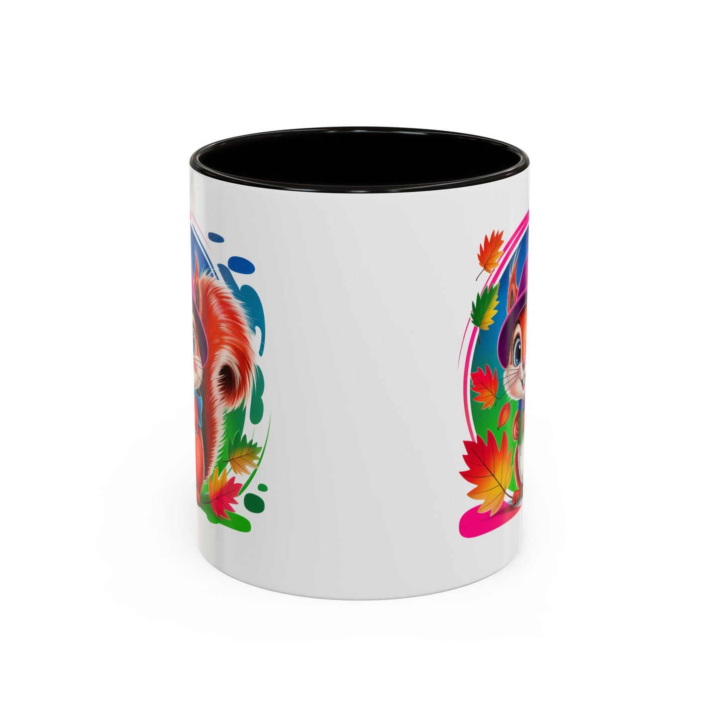 Mug Écureuil Mignon – Tasse Animal Automne Feuilles Colorées Kawaii – Cadeau Original Enfant Adulte – Céramique 325ml Noir Bleu Rouge