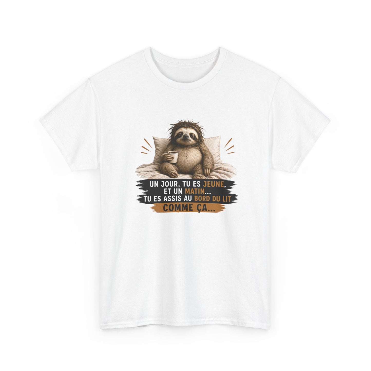 T-Shirt Humour Vieillesse Un Jour Tu Es Jeune Et Un Matin Tu Es Assis Comme Ça – Tee Shirt Paresseux Fatigue Réveil Matin Cadeau Homme Femme