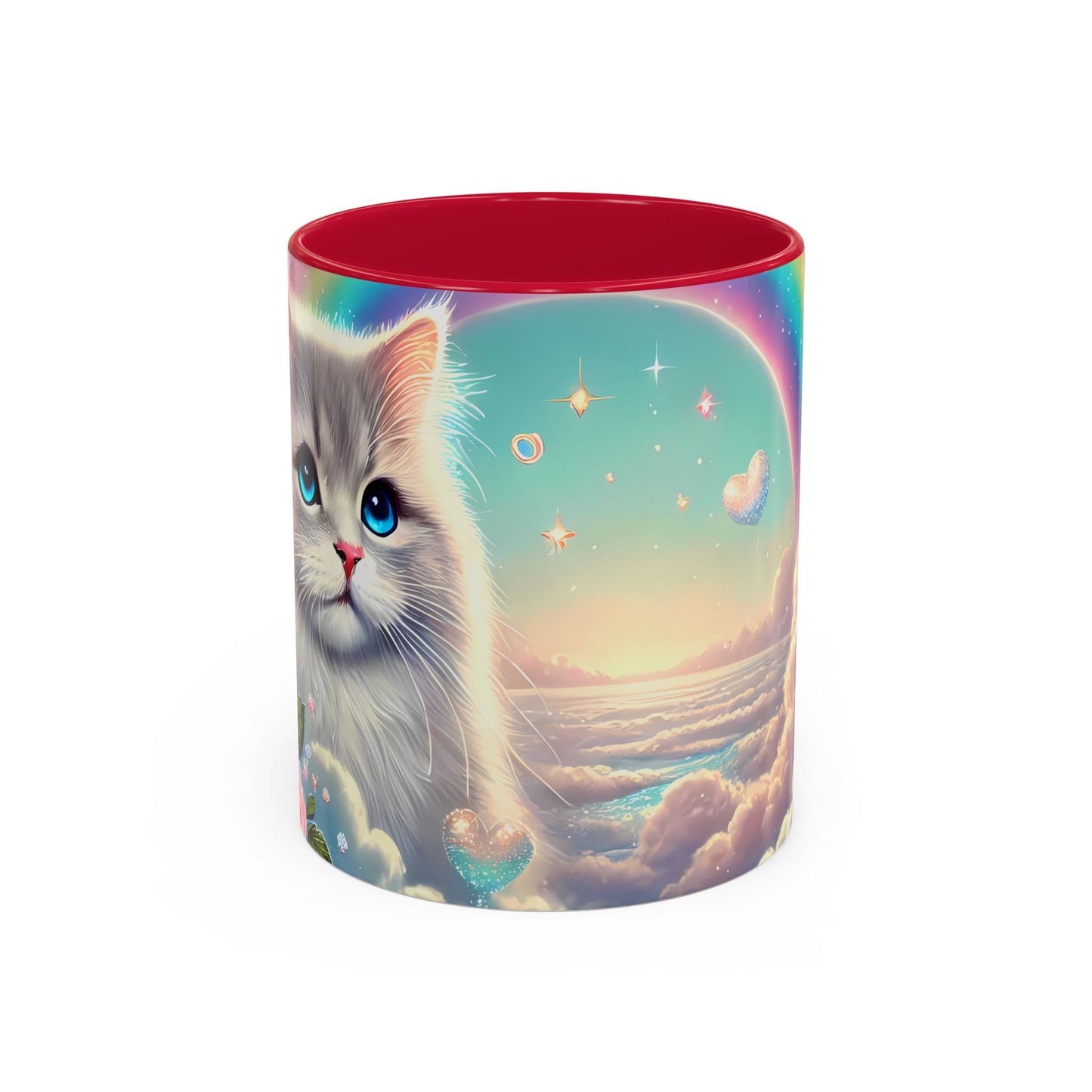 Mug Chat Blanc Kawaii – Tasse Féérique Pastel avec Arc-en-Ciel et Roses – Cadeau Amoureux des Chats 325ml