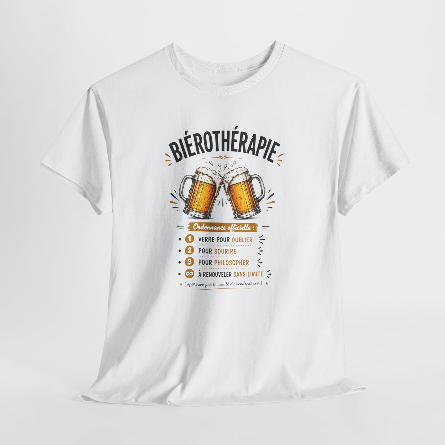 T-Shirt Biérothérapie Homme Femme – Tee Shirt Humour Bière Apéro – Cadeau Drôle Amateur Bière Soirée Noir Blanc Gris