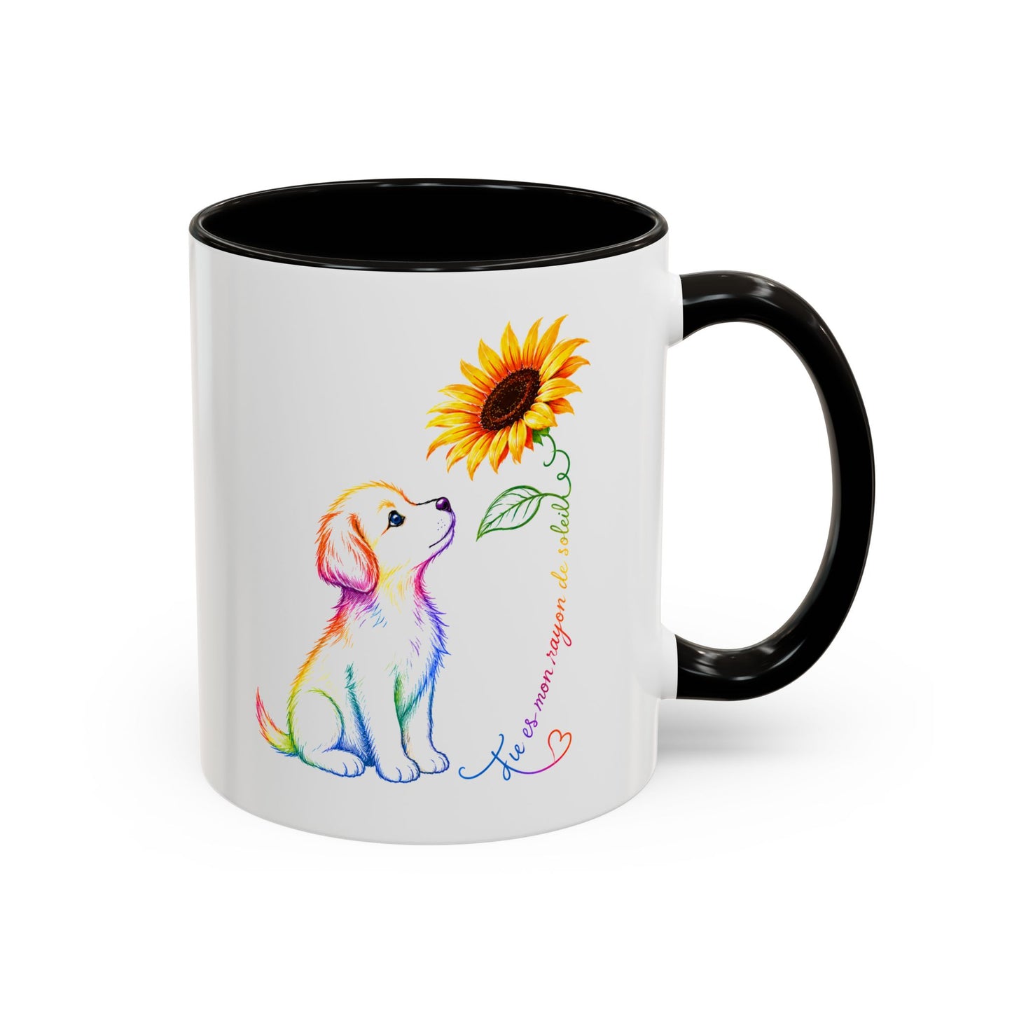 Mug Chien et Tournesol – Tasse Chien Colorée Amour Bonheur – Cadeau Original Amoureux des Chiens Homme et Femme Noir Bleu Rouge