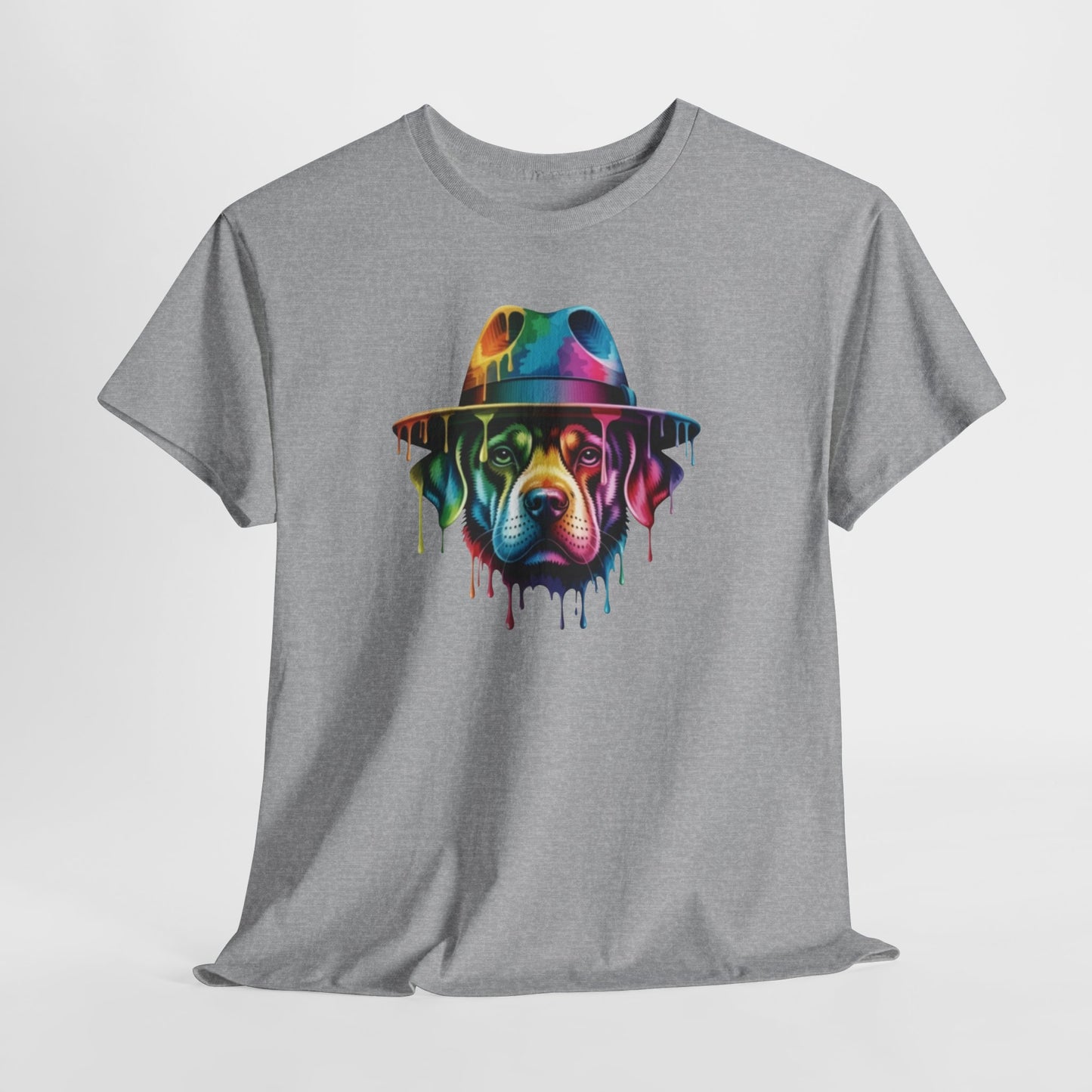 T-Shirt Chien Coloré avec Chapeau – Tee Shirt Art Urbain Peinture Dripping – Cadeau Original Style Streetwear Noir Blanc Gris