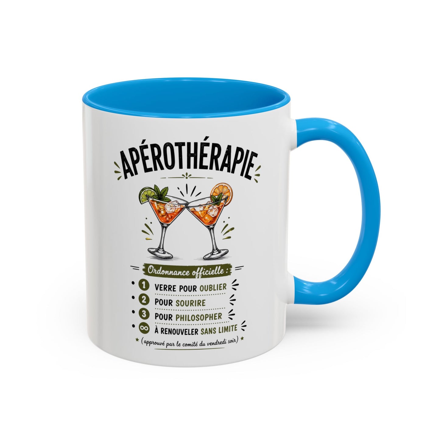 Mug Apérothérapie Drôle – Tasse Cocktail et Apéro Humoristique – Cadeau Original Amateur de Cocktails – Céramique 325ml Noir Bleu Rouge