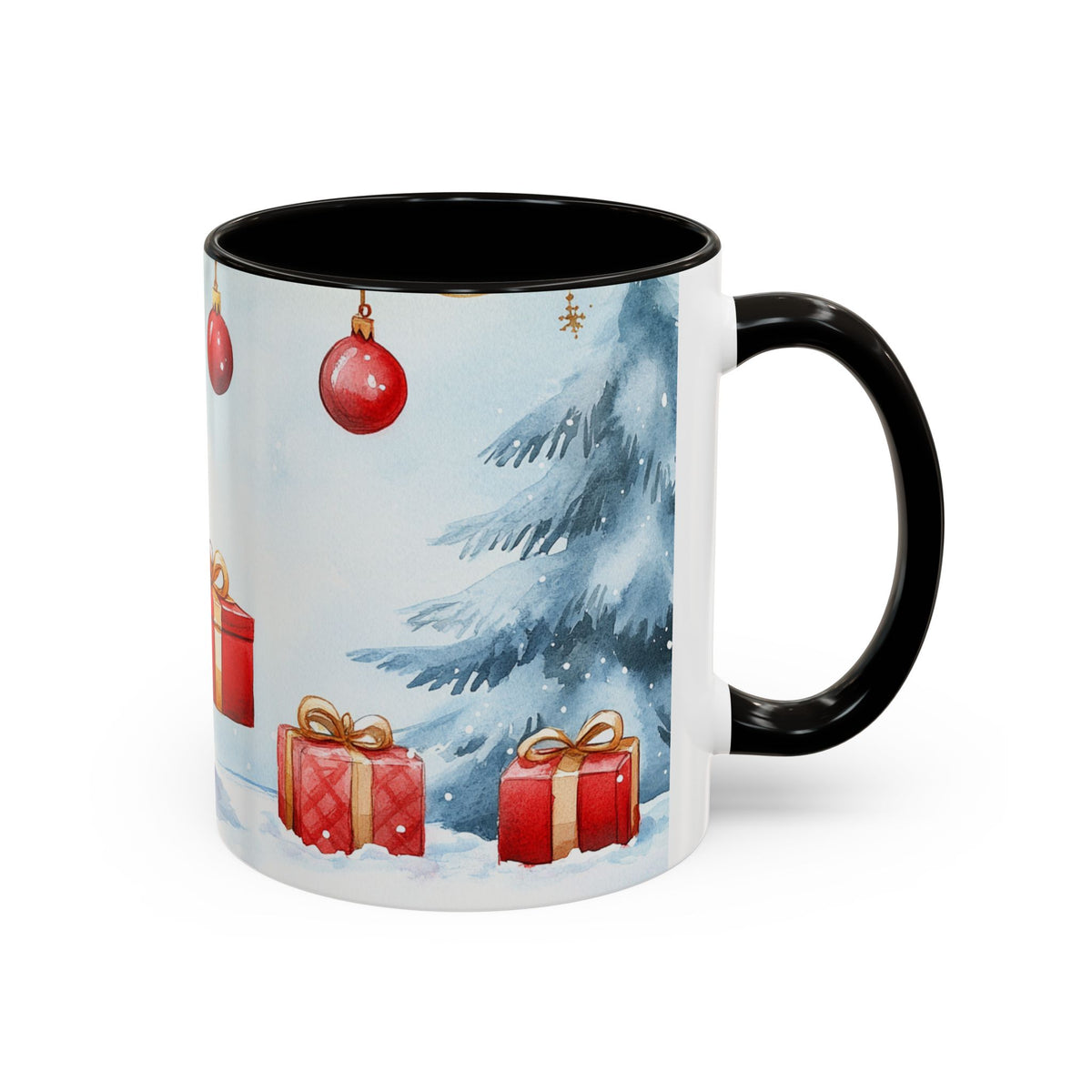 Mug Lapin de Noël avec Cadeaux – Tasse Hiver Sapins Enneigés Style Aquarelle – Cadeau de Noël Homme Femme noir bleu rouge