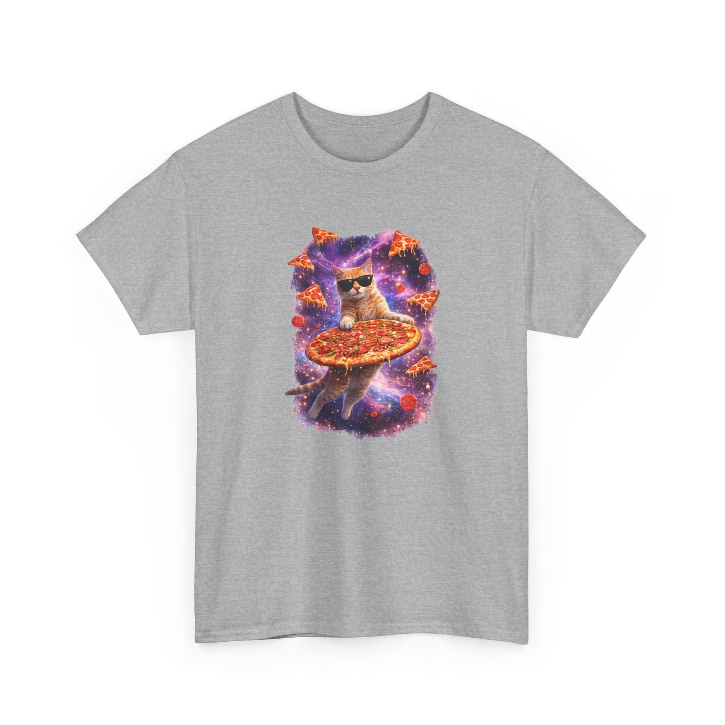 Tee Shirt Chat Pizza Galaxie – Chat drôle lunettes soleil espace – Cadeau humour Blanc Gris Noir