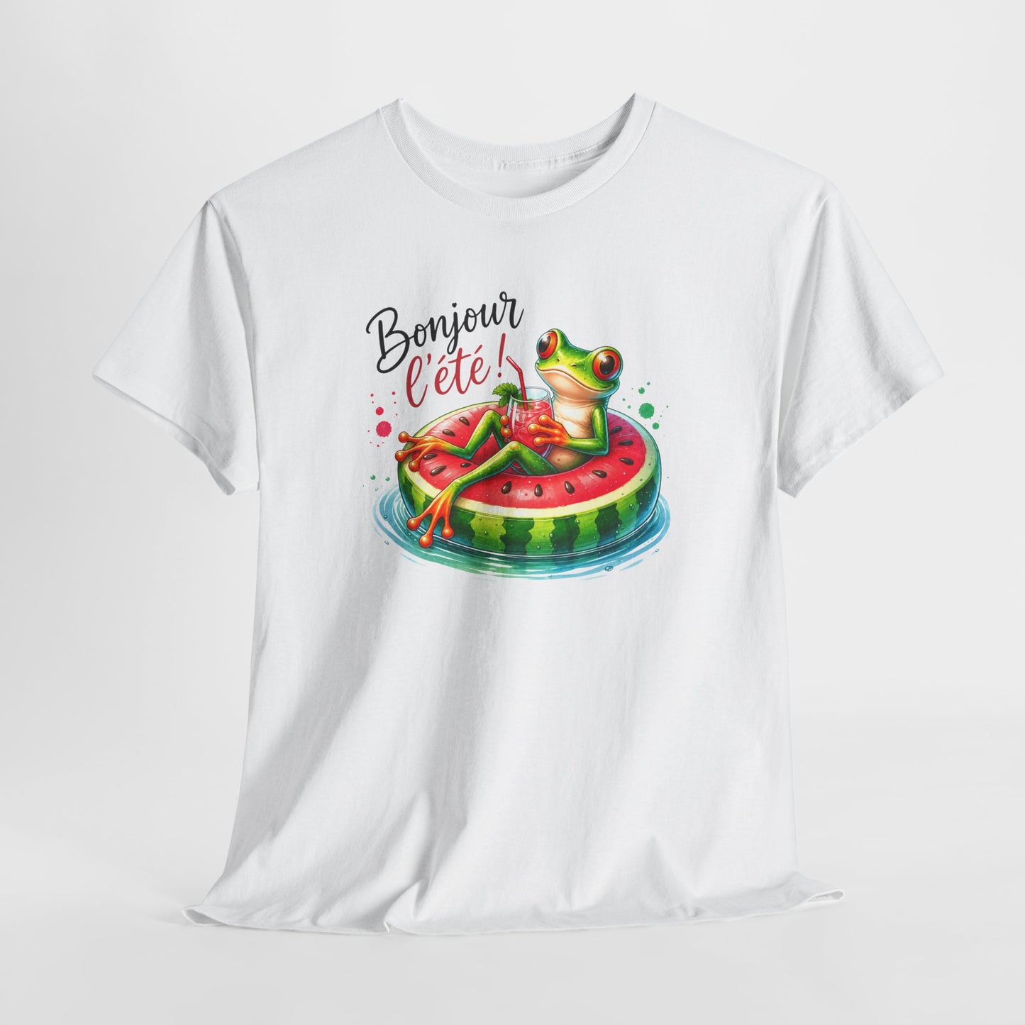 Tee-Shirt Bonjour l’Été Grenouille sur Bouée Pastèque – Cadeau Vacances Homme Femme Humour Soleil Plage
