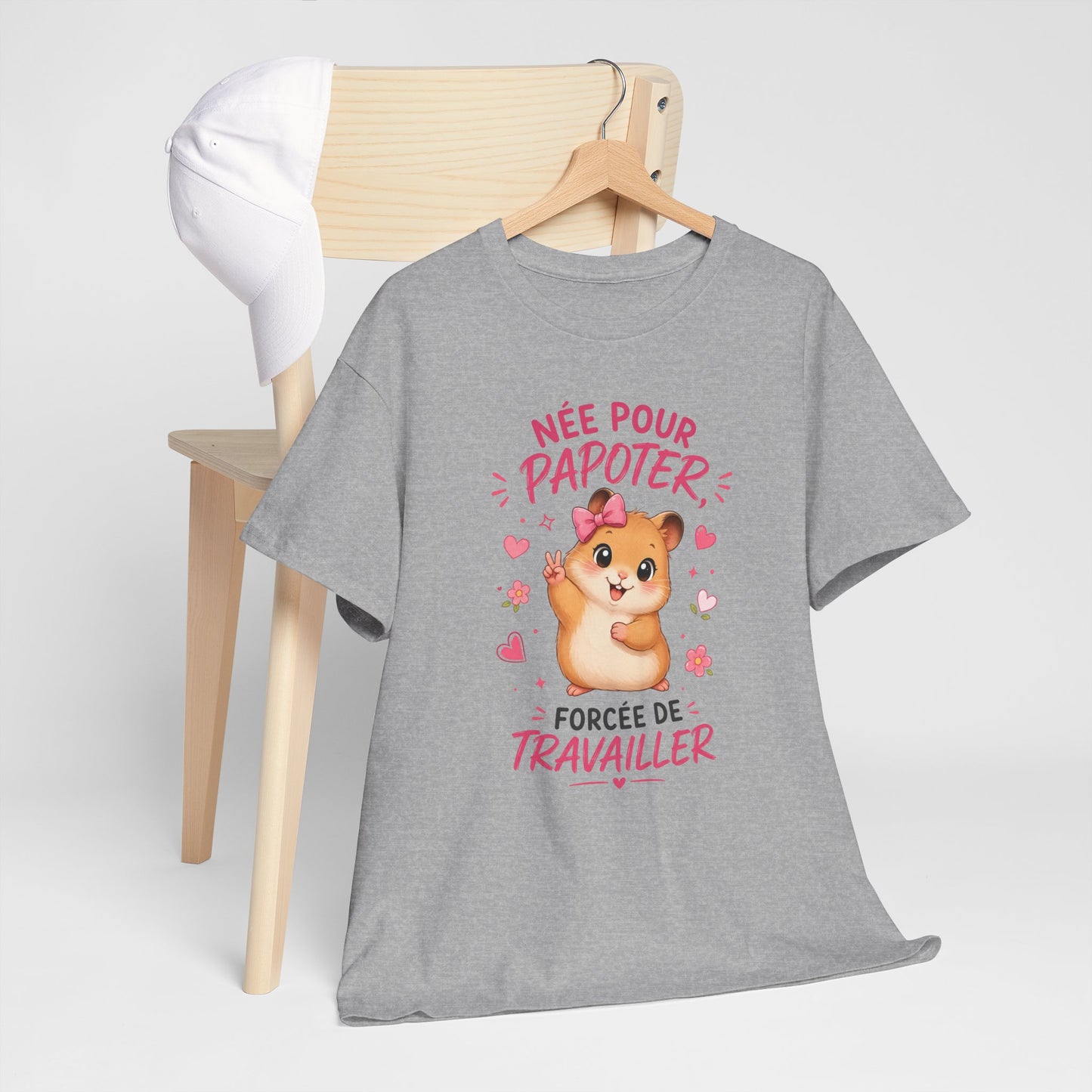 Tee-Shirt Humour Femme Née Pour Papoter Forcée De Travailler – Hamster Kawaii Mignon – Cadeau Collègue Amie Femme Adulte