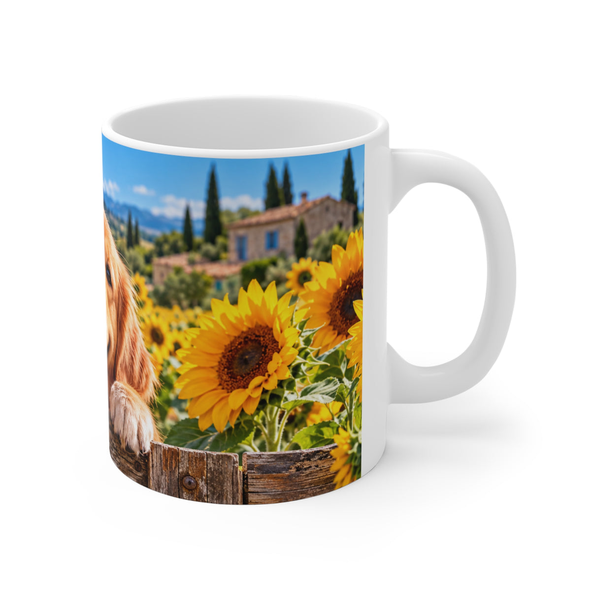 Mug Golden Retriever dans un Champ de Tournesols – Tasse Chien avec Papillon et Paysage de Campagne – Cadeau Original Amoureux des Chiens