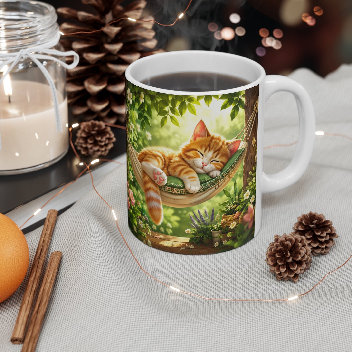Tasse Chaton Endormi dans Hamac – Mug Chat Kawaii Relaxation – Cadeau Original Animal Mignon 325ml