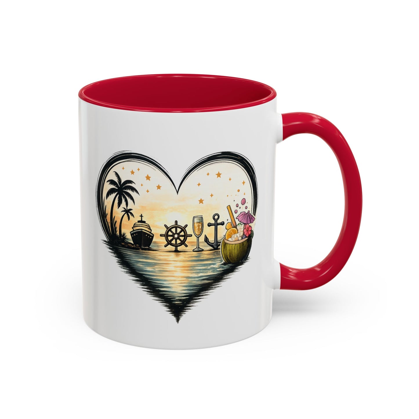 Tasse Cœur Tropical Mer et Cocktail – Mug Ambiance Vacances Palmier Bateau – Cadeau Été et Détente – Céramique 325ml