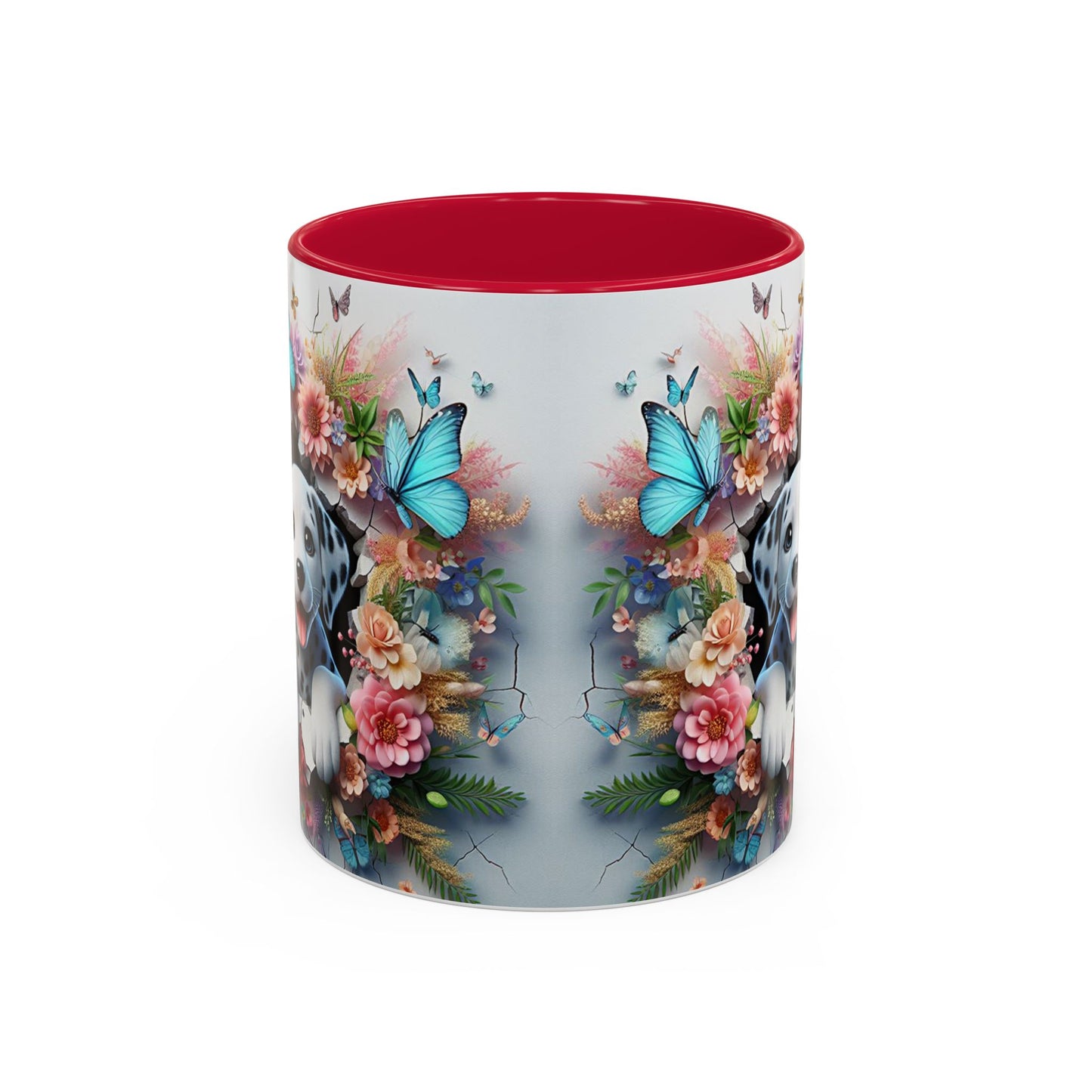 Mug Dalmatien Kawaii – Tasse Chiot Dalmatien avec Fleurs Pastel et Papillons Bleus – Cadeau Amoureux des Chiens 325ml