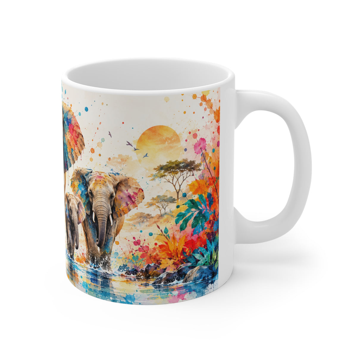 Mug Famille d’Éléphants Colorés – Tasse Style Aquarelle Afrique Savane – Cadeau Original Amoureux des Animaux