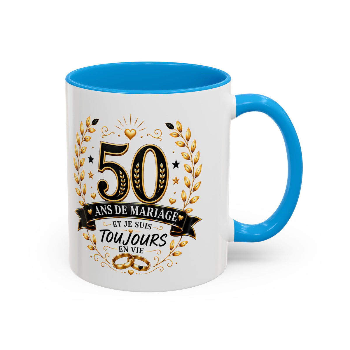 Mug 50 Ans de Mariage et Je Suis Toujours en Vie – Tasse Humoristique Anniversaire de Mariage – Idée Cadeau Couple Noces d’Or noir bleu rouge