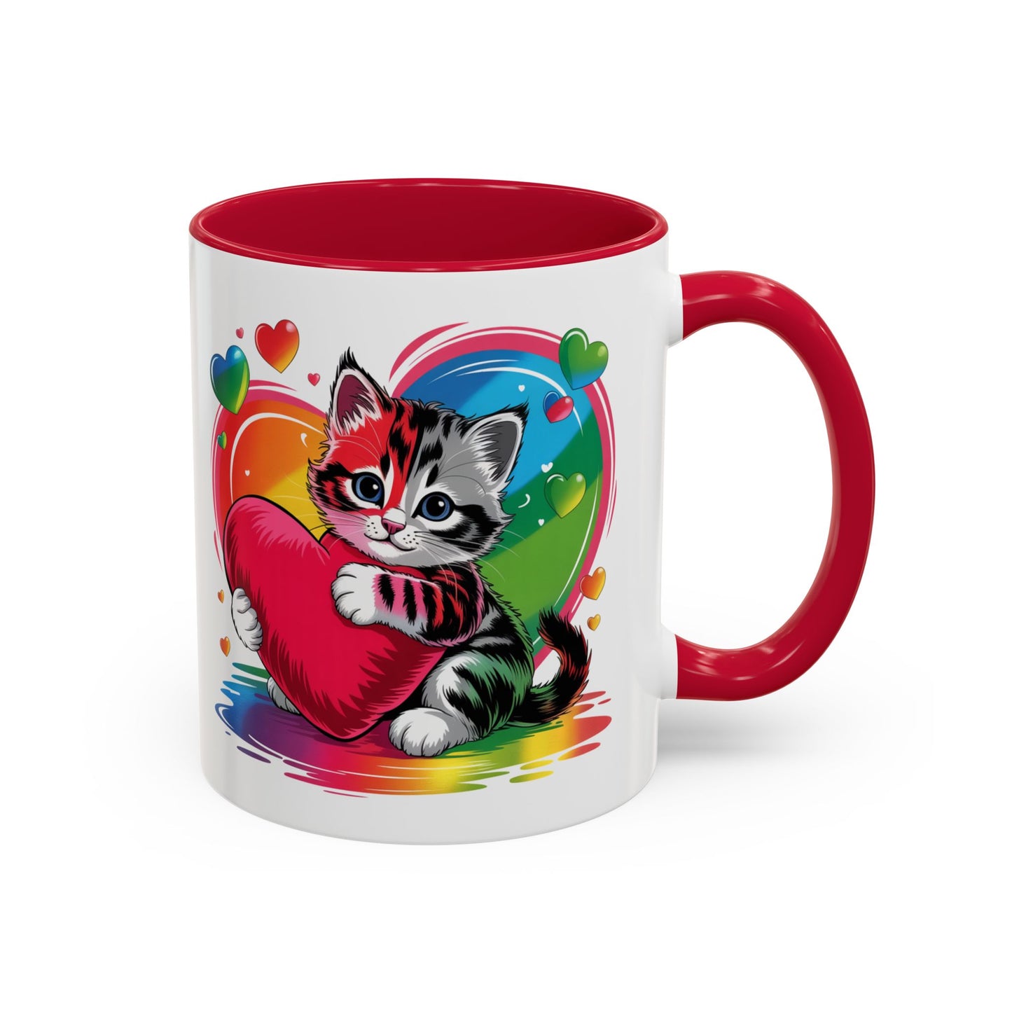 Mug Chat Kawaii avec Cœur Coloré Arc-en-Ciel – Tasse Mignonne Cadeau Original Amoureux des Chats – Céramique 325ml