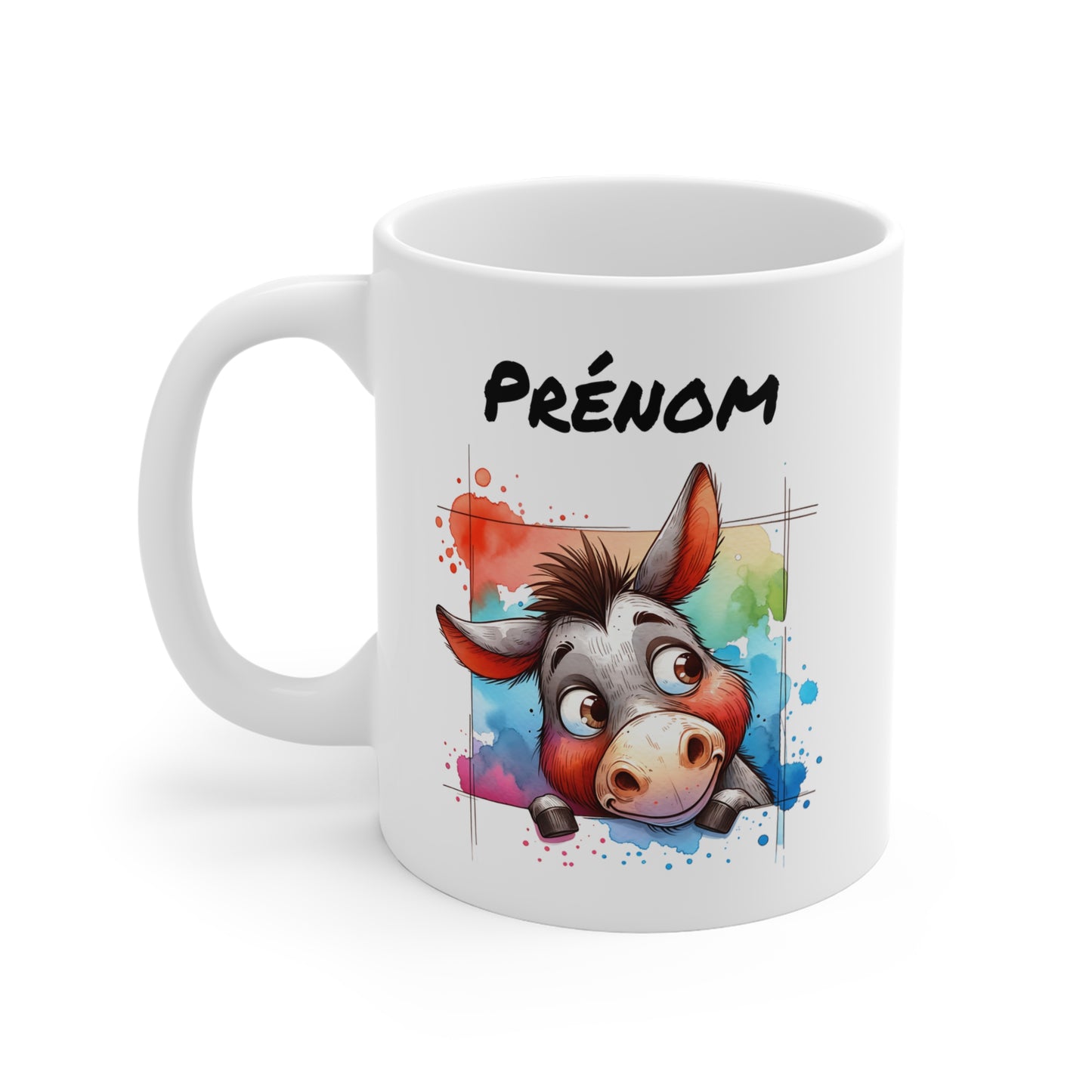 Tasse Personnalisable Âne Mignon – Mug Prénom Illustration Colorée – Cadeau Animal Ferme Rigolo 325ml