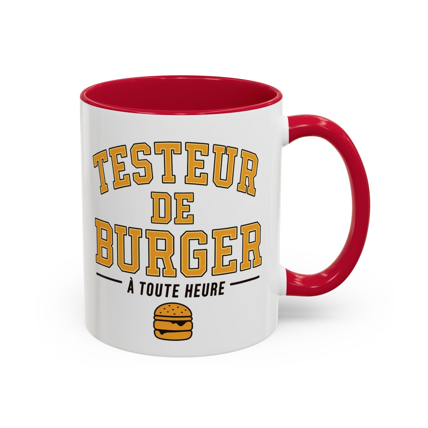 Mug Testeur de Burger – Tasse Humoristique Fast Food et Hamburger – Cadeau Gourmand Original – Céramique 325ml Noir Bleu Rouge