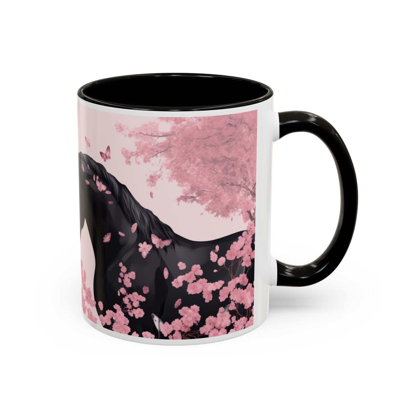 Mug Chevaux Sakura – Tasse Cheval Noir et Blanc avec Fleurs de Cerisier Roses – Cadeau Passion Cheval 325ml