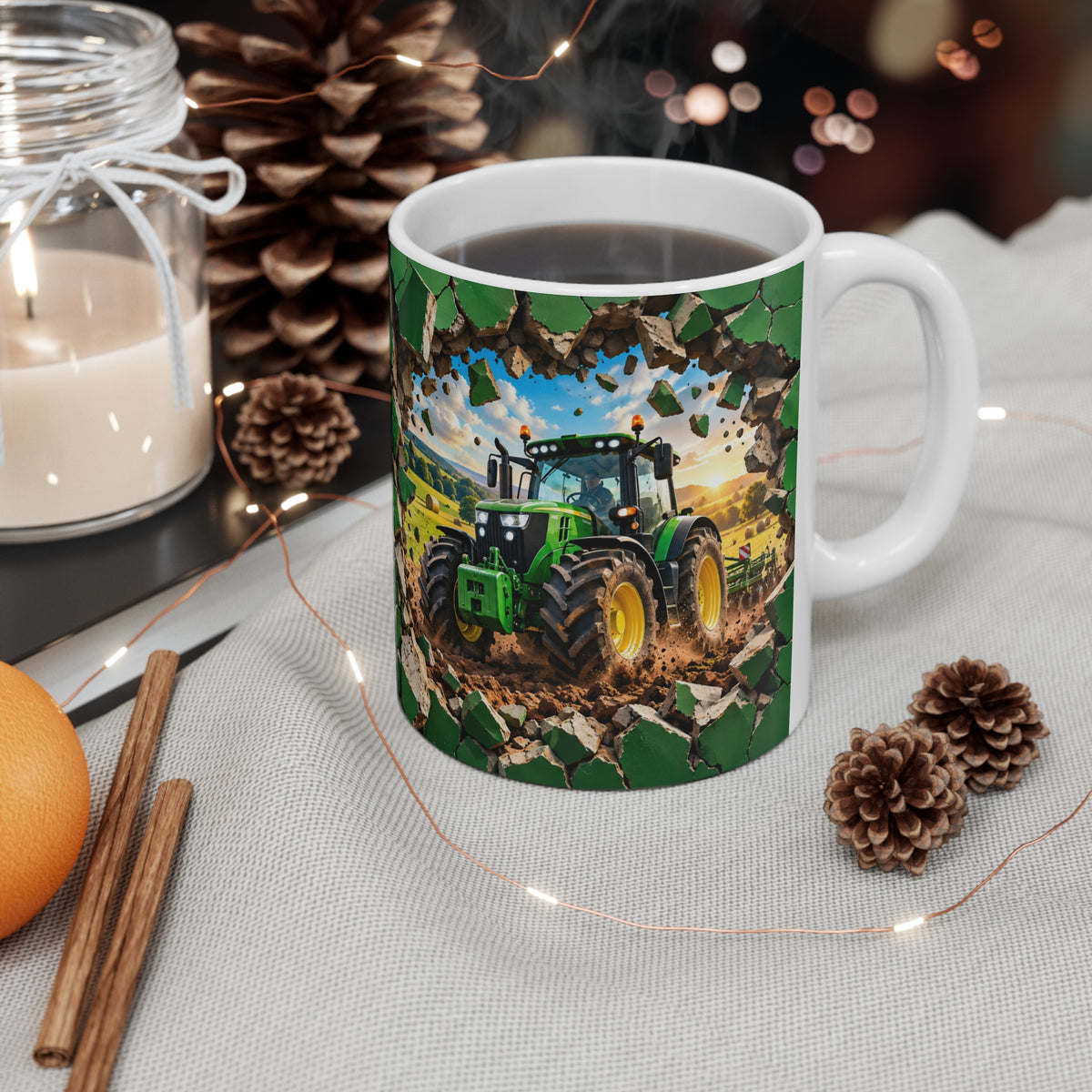 Mug Tracteur Agricole Vert – Tasse Agriculture avec Champ et Effet Mur Brisé – Cadeau Original Agriculteur Passionné de Tracteurs