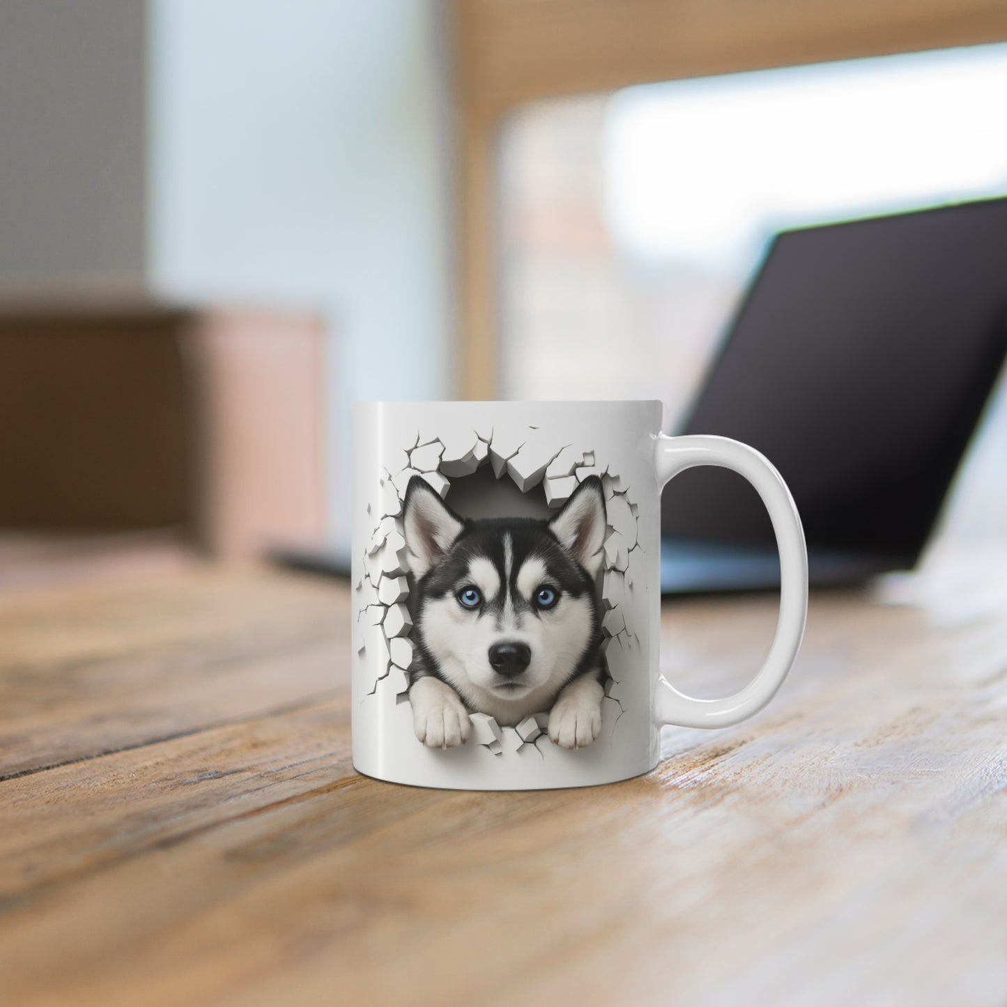 Mug Husky Sibérien Effet Mur Cassé – Tasse Chien 3D Trompe-l’œil – Cadeau Original Amoureux du Husky