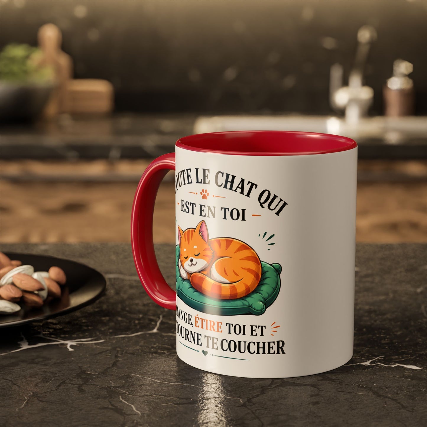 Tasse Écoute Le Chat Qui Est En Toi – Mug Chat Humoristique et Relax – Cadeau Femme Homme Amoureux des Chats 325ml