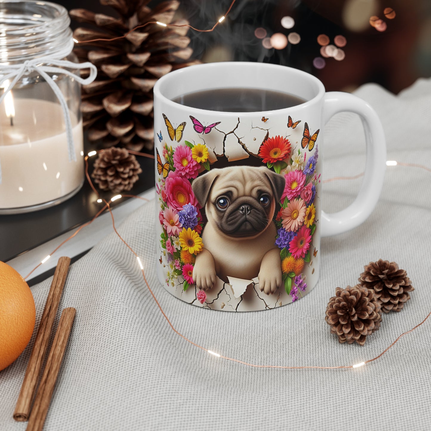 Tasse Céramique Carlin Pug et Fleurs – Mug Chien Mignon Papillons – Cadeau Animaux Bohème 325ml