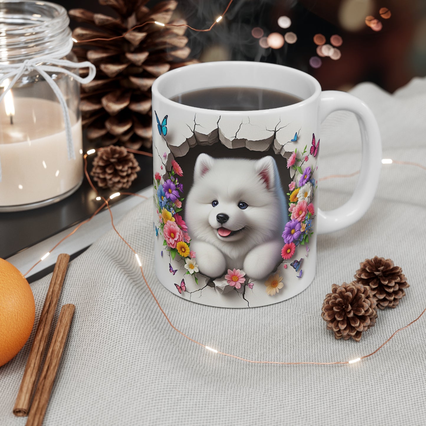 Tasse Chiot Blanc & Papillons – Mug Fleuris Coloré Printemps – Cadeau Mignon 325ml