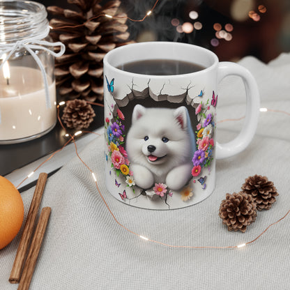 Tasse Chiot Blanc & Papillons – Mug Fleuris Coloré Printemps – Cadeau Mignon 325ml