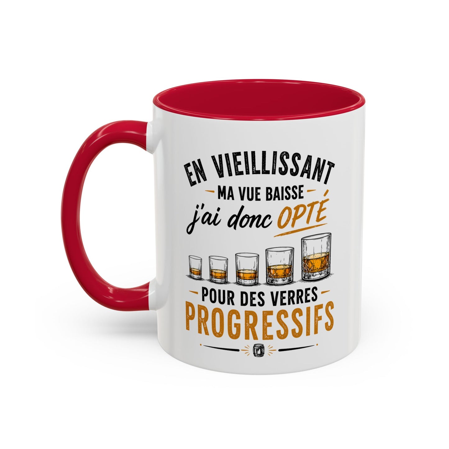 Mug Humour Whisky et Vieillesse – En Vieillissant Ma Vue Baisse J’ai Donc Opté pour des Verres Progressifs – Cadeau Drôle Amateur Whisky 325ml