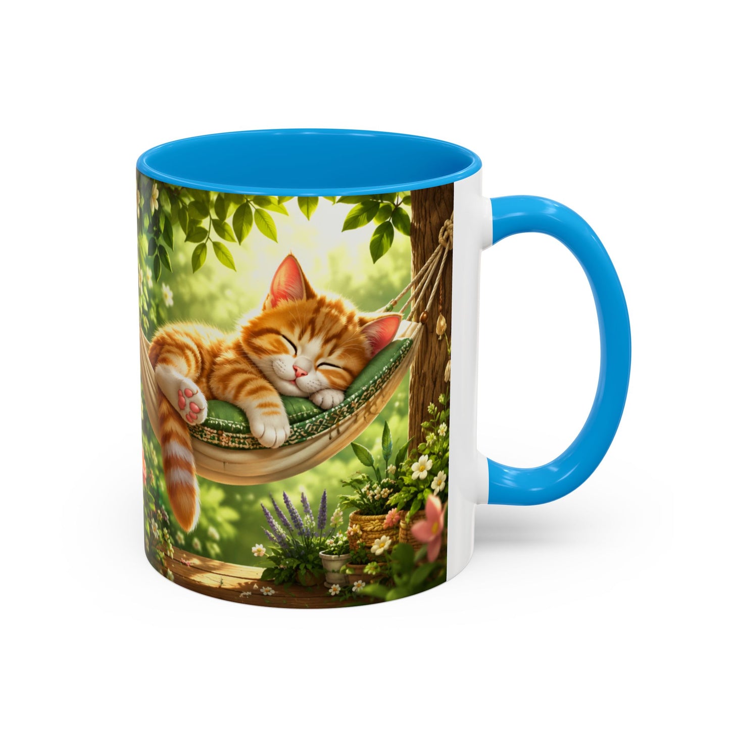 Tasse Chat Dormeur Kawaii – Mug Chaton Endormi Hamac Fleuri – Cadeau Amoureux des Chats 325ml