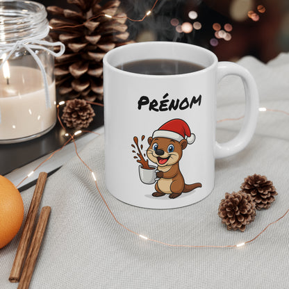 Tasse Personnalisable Loutre Noël – Mug Prénom Céramique 325ml – Cadeau Fêtes Mignon Original