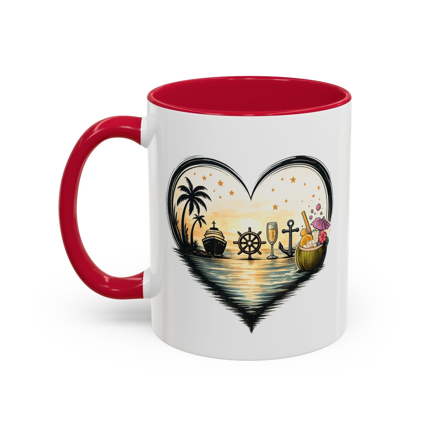 Tasse Cœur Tropical Mer et Cocktail – Mug Ambiance Vacances Palmier Bateau – Cadeau Été et Détente – Céramique 325ml