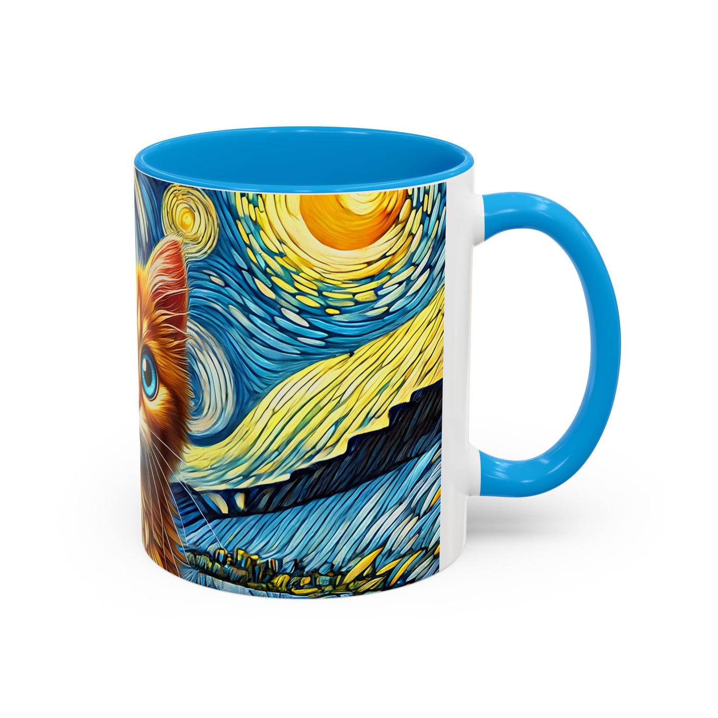Mug Chaton Style Van Gogh – Tasse Artistique Nuit Étoilée avec Chat Orange aux Yeux Bleus – Cadeau Amoureux des Chats 325ml