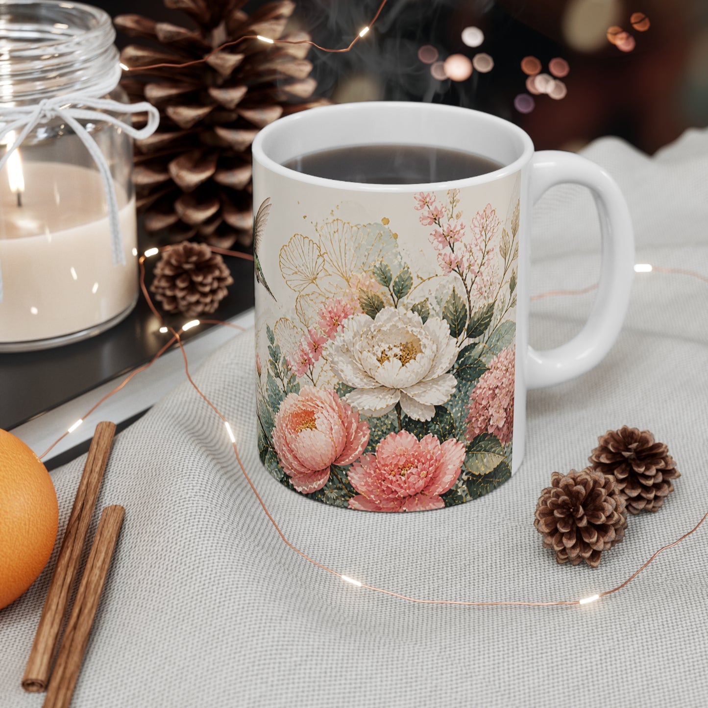 Tasse Colibri et Fleurs Roses – Mug Floral Nature Vintage – Cadeau Homme Femme Enfant 325ml