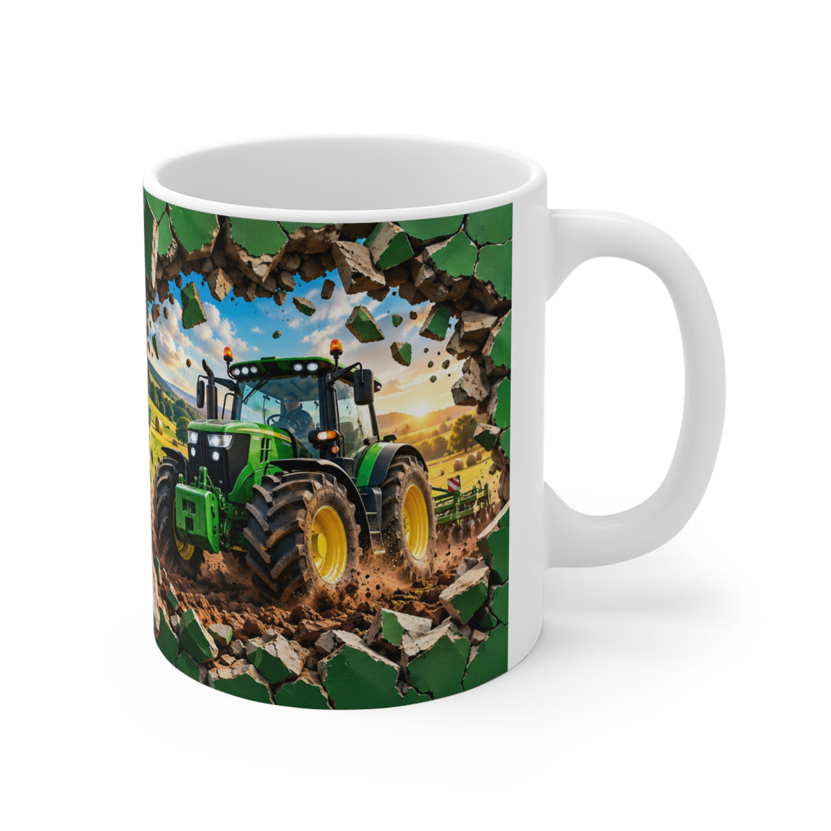 Mug Tracteur Agricole Vert – Tasse Agriculture avec Champ et Effet Mur Brisé – Cadeau Original Agriculteur Passionné de Tracteurs