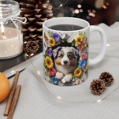 Tasse Céramique Berger Australien et Fleurs – Mug Chien Mignon Papillons – Cadeau Animaux Bohème 325ml