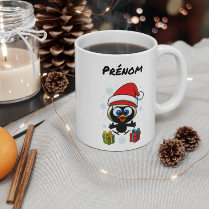 Tasse Personnalisable Calimero  Noël – Mug Prénom Festif Flocons et Cadeaux 325ml – Cadeau Original Hiver Café