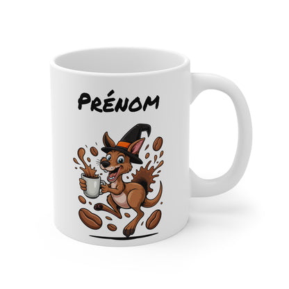 Tasse Personnalisable Kangourou Sorcier Café – Mug Prénom Céramique 325ml – Cadeau Drôle Halloween