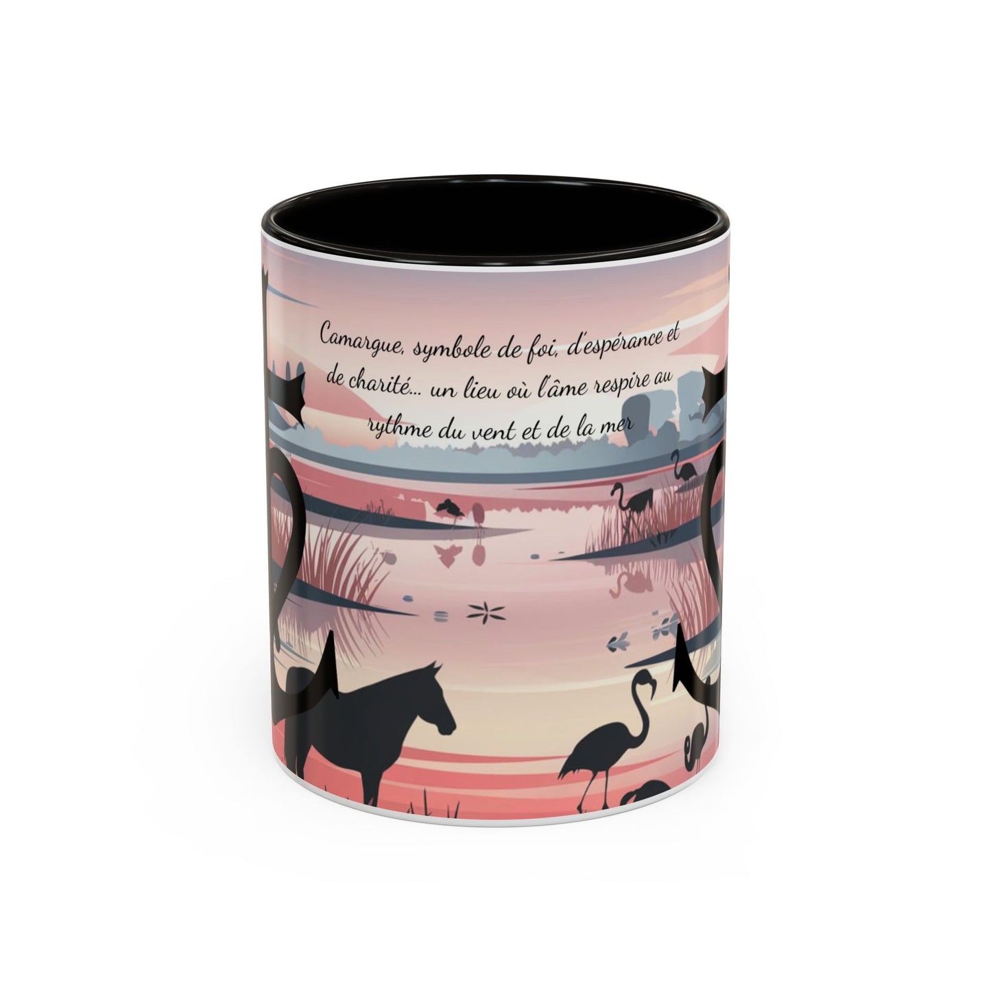 Mug Camargue Foi Espérance Charité – Tasse Croix Camarguaise Flamants Roses Chevaux – Cadeau Tradition Camarguaise 325ml