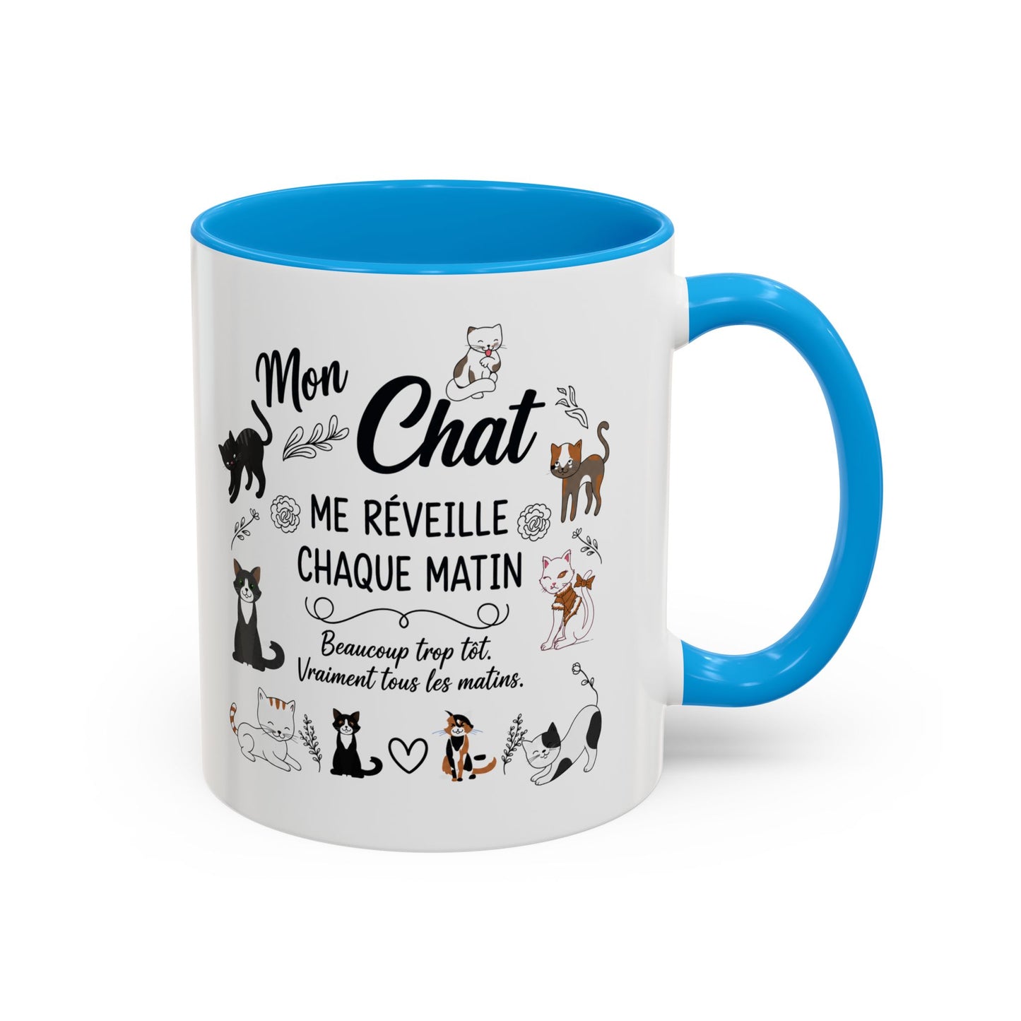 Tasse Chat Homme et Femme – Mon Chat Me Réveille Chaque Matin – Mug Humour Amoureux des Chats – Cadeau Propriétaire de Chat – 325 ml