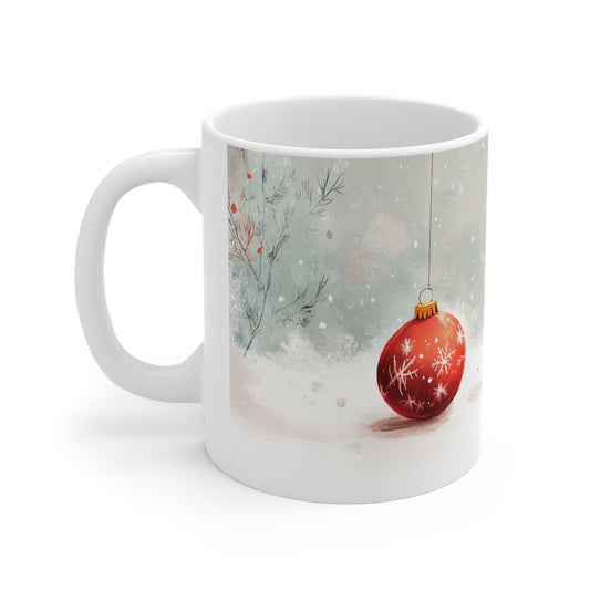 Mug Chat Tricolore et Boule de Noël – Tasse Hiver Style Aquarelle – Cadeau Original Noël Amoureux des Chats