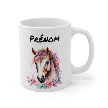 Mug Personnalisé Cheval Aquarelle 325ml – Tasse Céramique Prénom Design Équestre Fleuri – Cadeau Cavalière