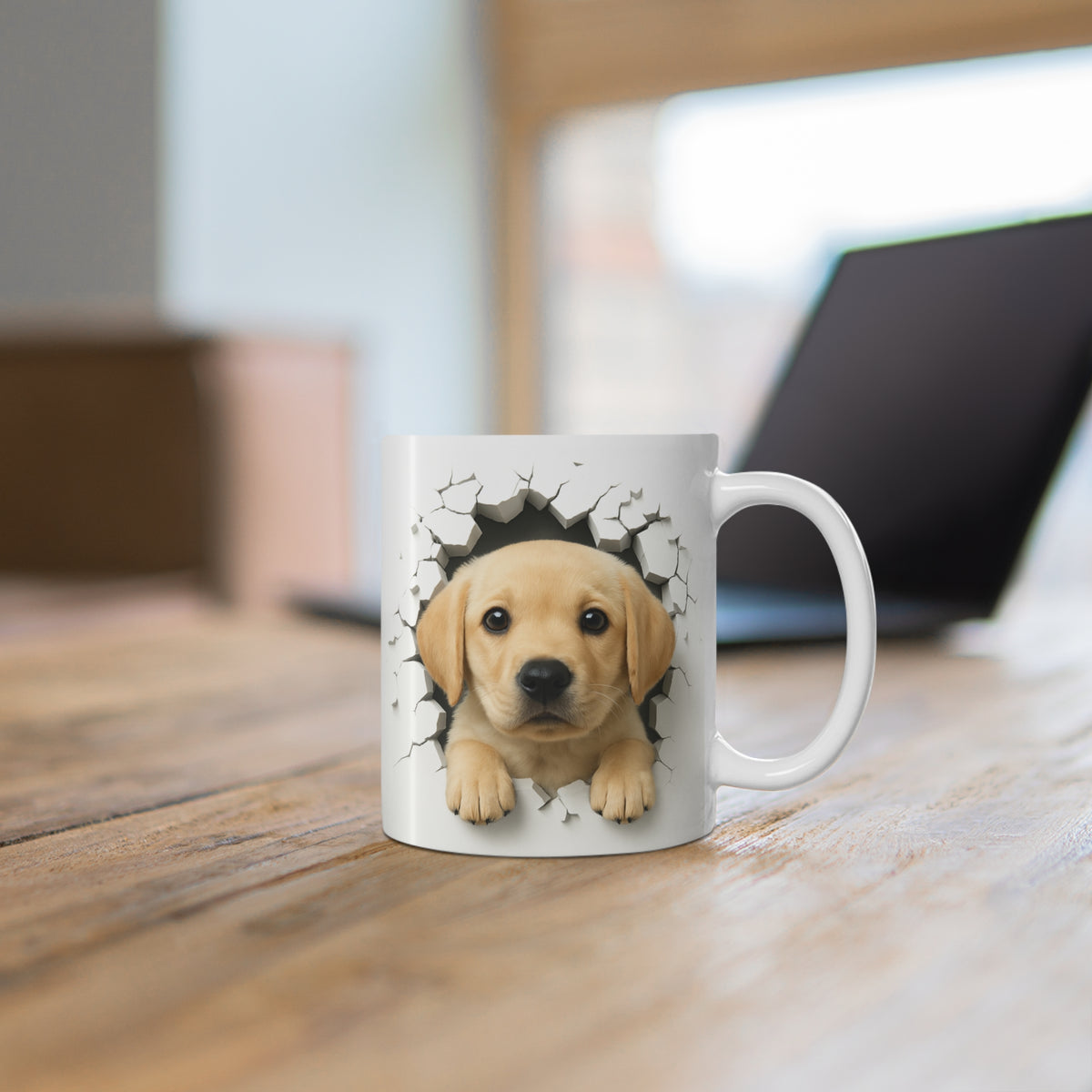 Mug Chiot Labrador Sable Effet Mur Cassé – Tasse Chien 3D Trompe-l’œil – Cadeau Original Amoureux du Labrador