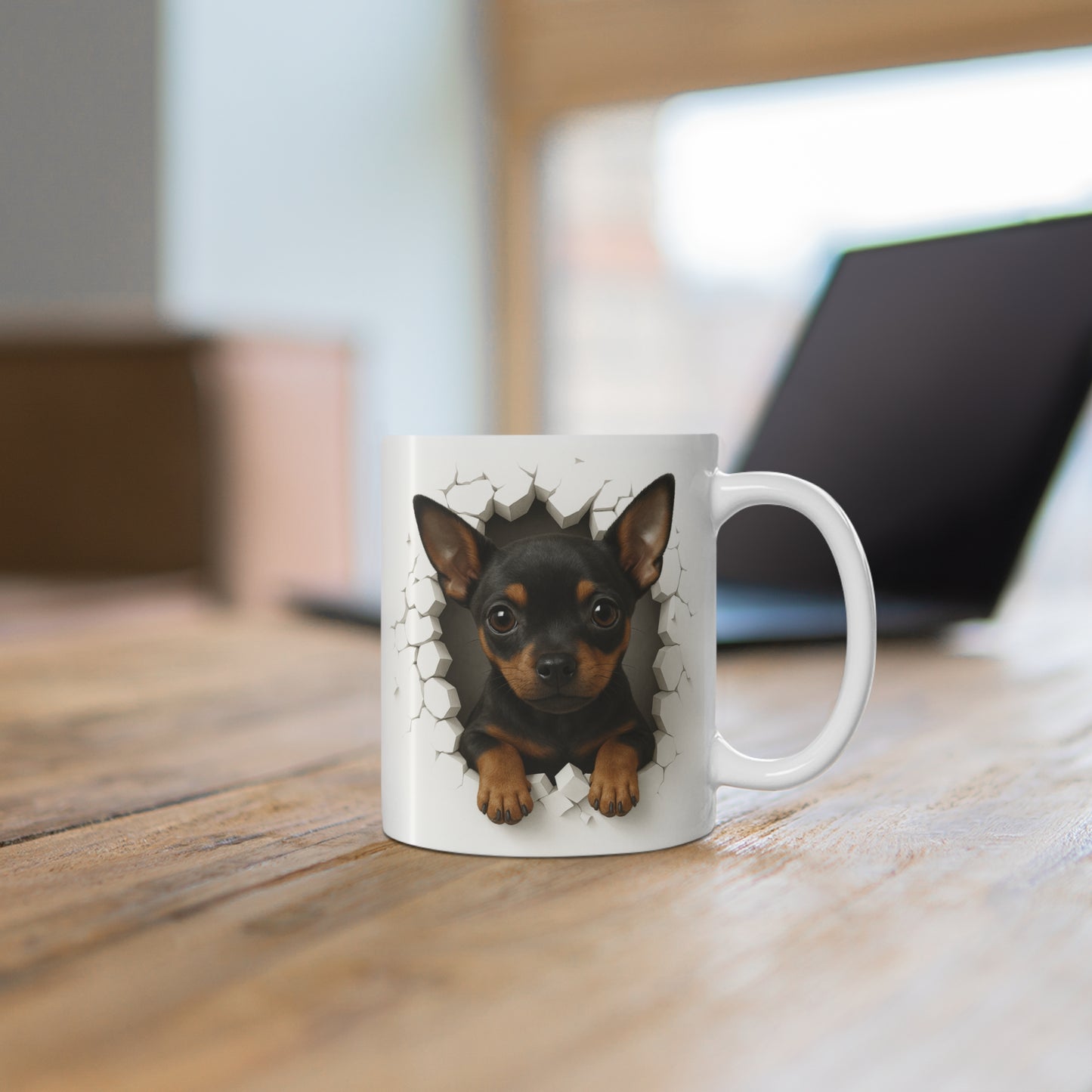 Mug Pinscher Nain Noir et Feu Effet Mur Cassé – Tasse Chien 3D Trompe-l’œil – Cadeau Original Amoureux du Pinscher