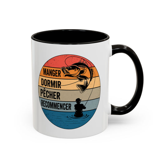 Mug Pêche Vintage – Tasse Pêcheur avec Poisson – Cadeau Homme Passionné de Canne et Loisirs en Plein Air – 325 ml Noir Bleu Rouge