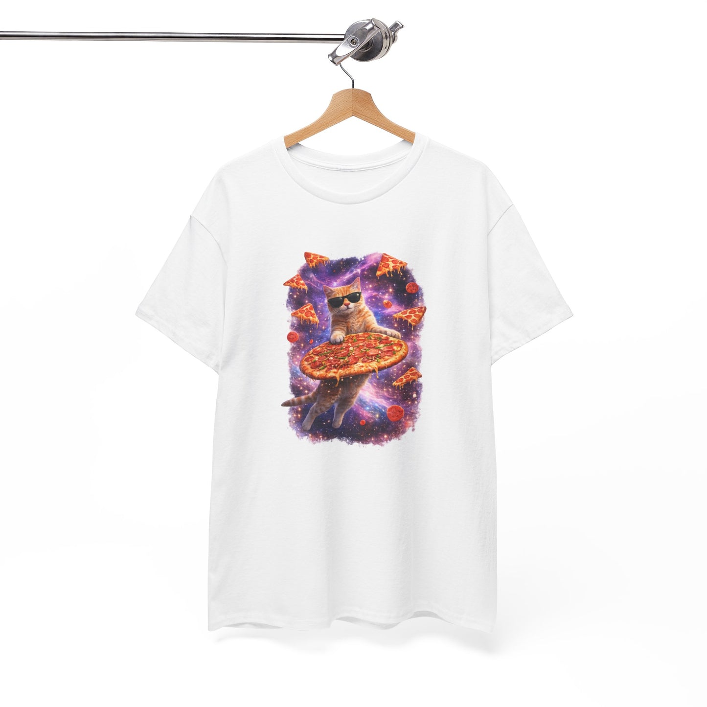 Tee Shirt Chat Pizza Galaxie – Chat drôle lunettes soleil espace – Cadeau humour Blanc Gris Noir