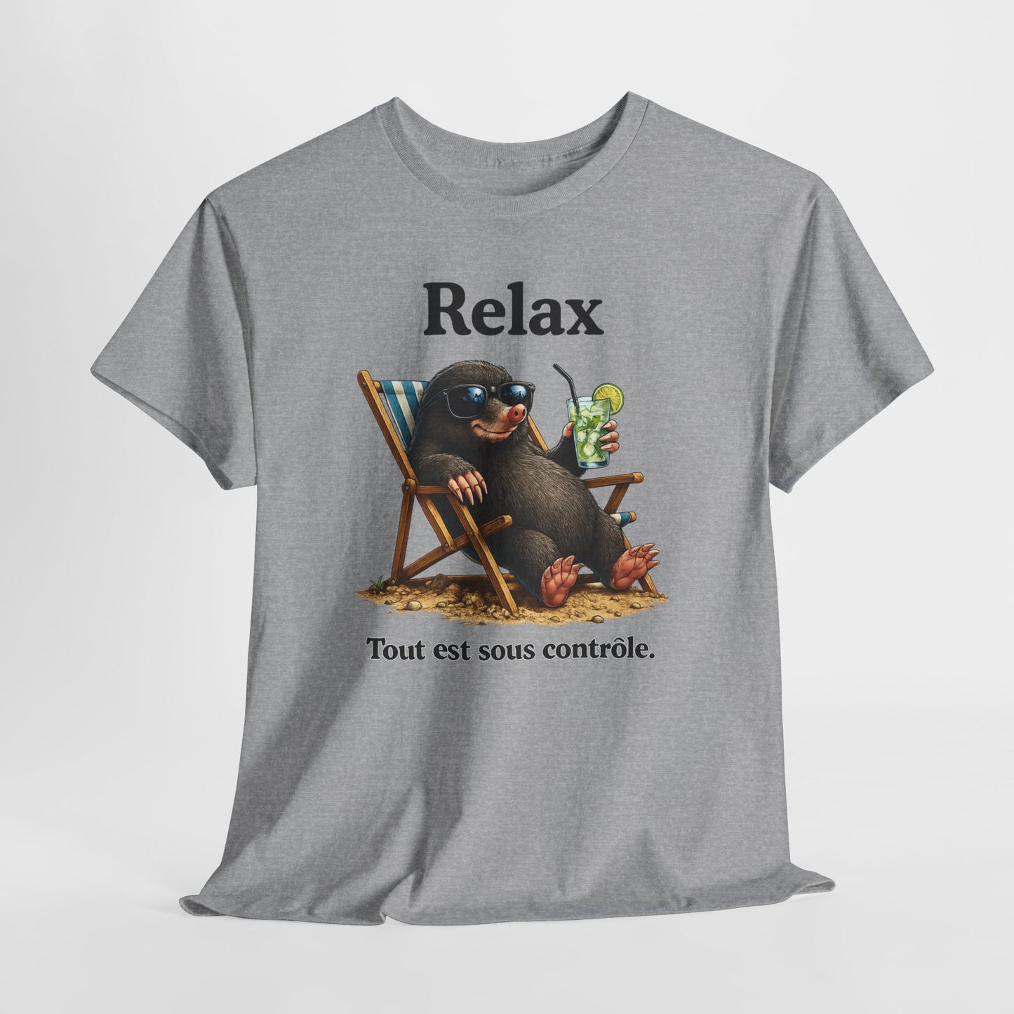 T-Shirt Humour Homme et Femme – Taupe Relax Détente Vacances – Animal Drôle avec Lunettes – Cadeau Original – Blanc et Gris